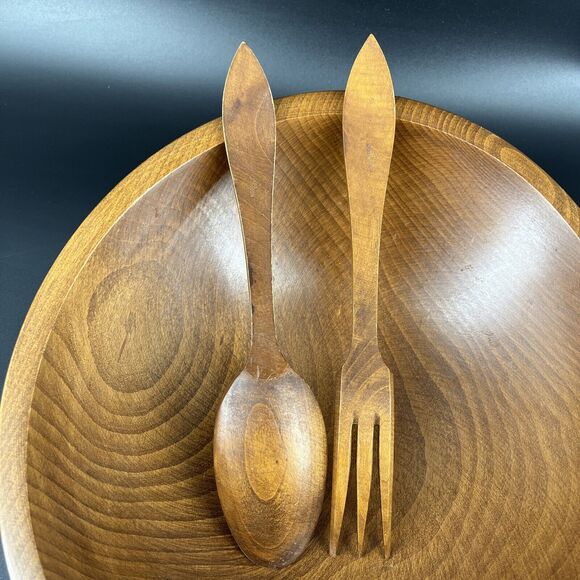 Vintage Footed Wood Salad Bowl Fork Spoon Set By Woodcraftery Made In USA - Picture 4 of 16